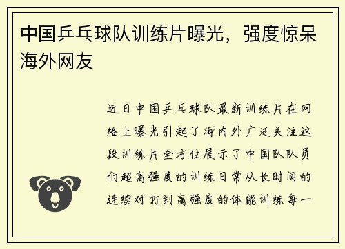 中国乒乓球队训练片曝光，强度惊呆海外网友