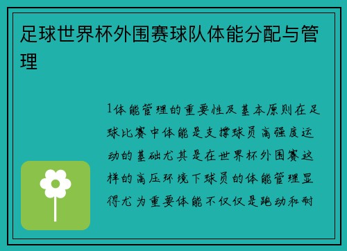 足球世界杯外围赛球队体能分配与管理